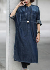 Vestido de algodón sencillo, ajustado, azul, otoño, informal, de algodón, liso, con abertura, vaquero.